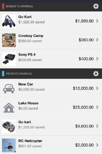 Screenshot of kids' accounts with saving goals